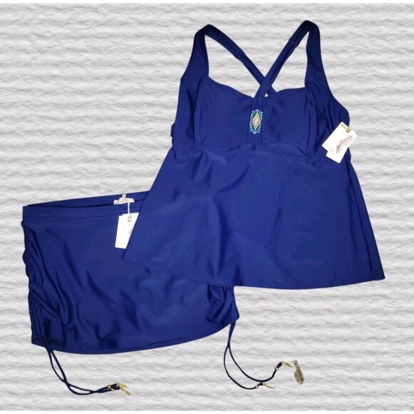 NEW Jessica Simpson 2pc Tankini Skirtini Swimsuit 1X Blue Embroidered - Picture 1 of 16